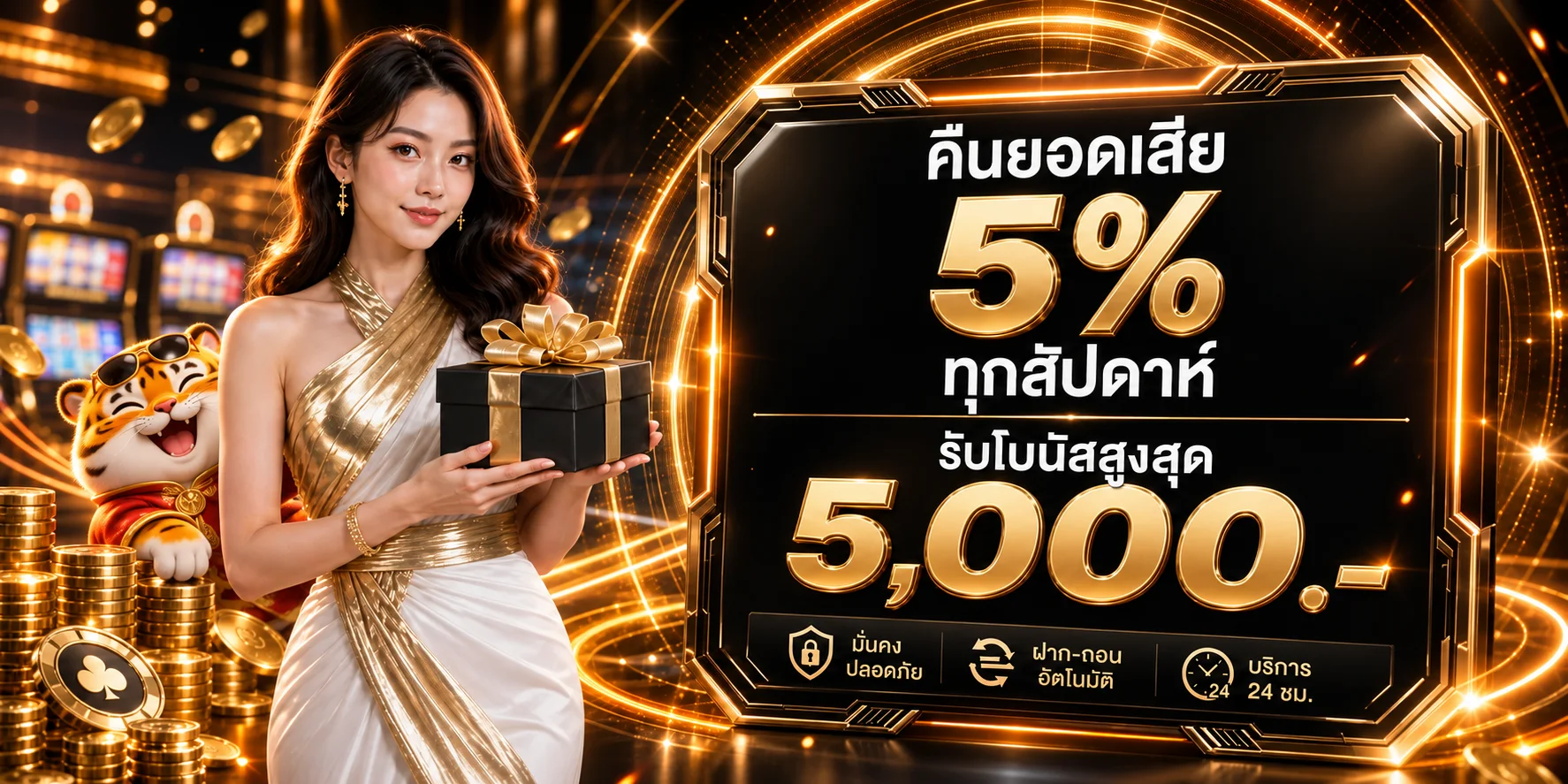 แบนเนอร์คืนยอดเสีย me88ask พร้อมกล่องของขวัญและมาสคอตเสือ