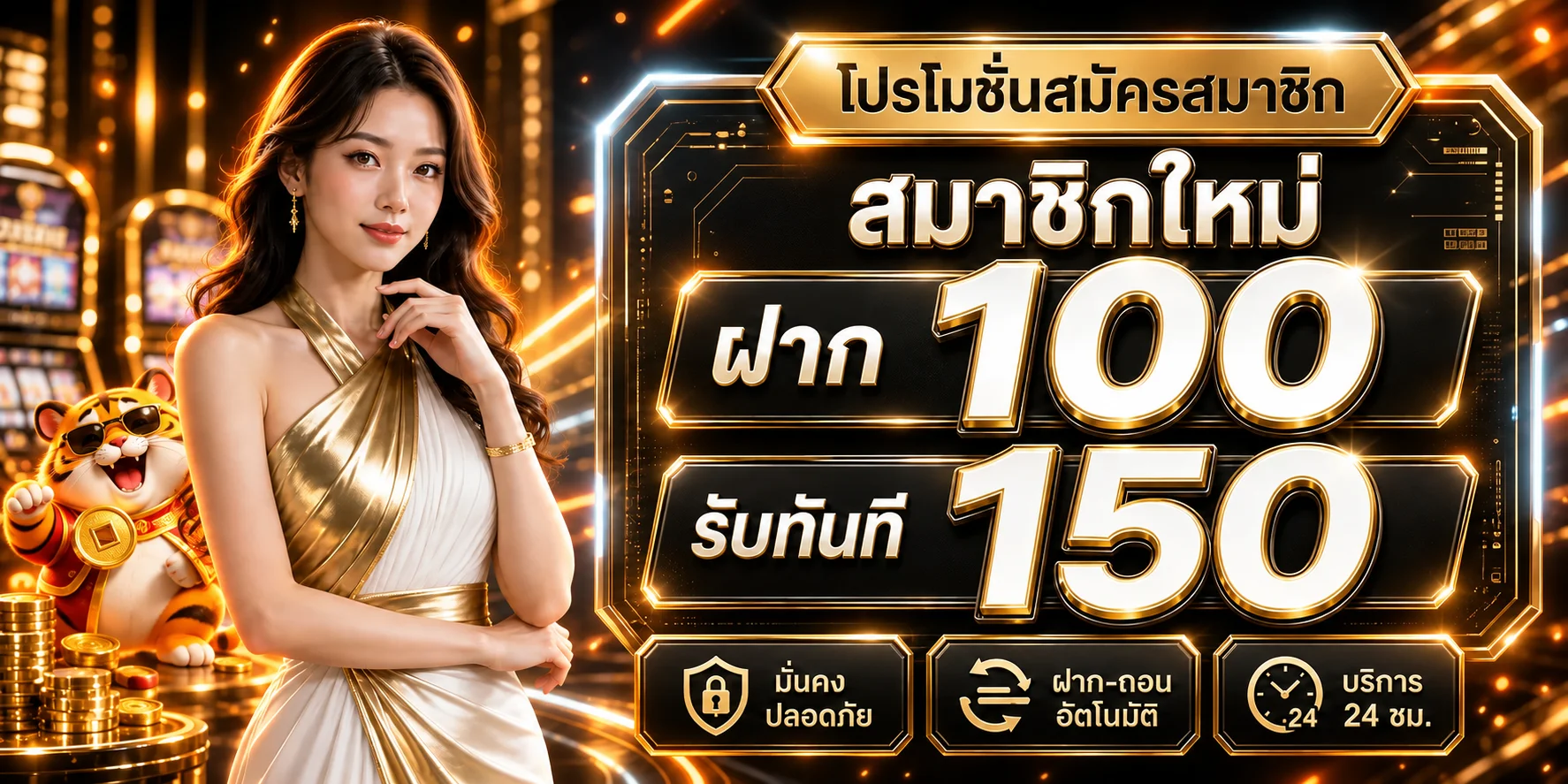 แบนเนอร์สมาชิกใหม่ me88ask โทนส้มดำพร้อมมาสคอตเสือ